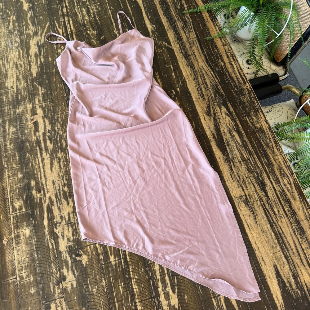 💕 Mauve Champagne Satin Asymmetrical Satin Dress - SMALL